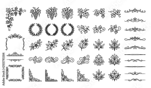 Minimalist Grapevine Floral and Decorative Swirl Line Art Vector Collection for Wine Labels and Vintage Design