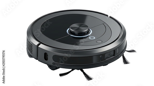 A black robotic vacuum cleaner with a circular featuring a sensor and side brushes, isolated on a clean white background, studio shot