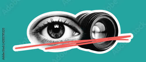 Foto Halftone eye and camera lens collage sticker, retro surveillance vision icon wit