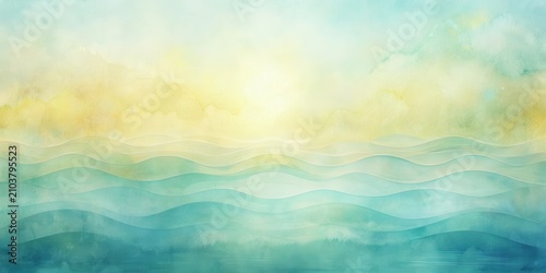 Serene Watercolor Landscape Depicting Rolling Hills and a Gentle Sky at Dawn