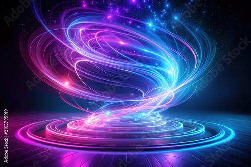 Abstract swirling energy vortex with vibrant neon light trails on a dark surface