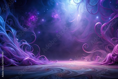 Ethereal Dreamscape A Serene Fantasy Landscape with Swirling Purple and Blue Nebulae, Glowing Particles, and a Smooth, Textured Ground Plane, Ideal for Imaginative Backgrounds