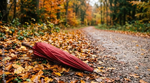 Classic red umbrella abandoned on muddy trail within colorful autumn woods displaying raindrops on fabric and scattered yellow foliage over wet ground in atmospheric rainy day shot.