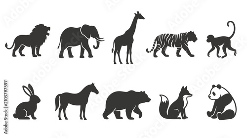 Photography Set of Diverse Wild Animal Silhouettes Featuring Mammals Like Lions Elephants Gi