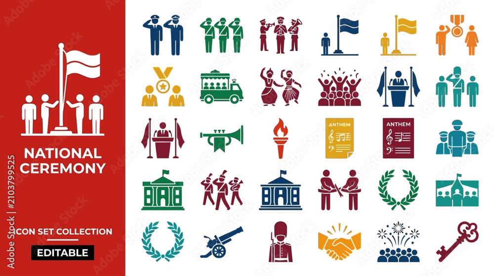 Naklejka premium Comprehensive Collection of National Ceremony and Patriotic Event Vector Icons for Official Celebrations