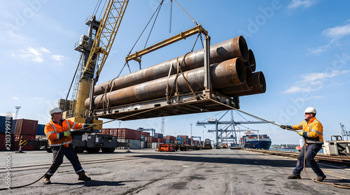 Industrial workers guiding heavy steel pipes with a crane at a busy port.