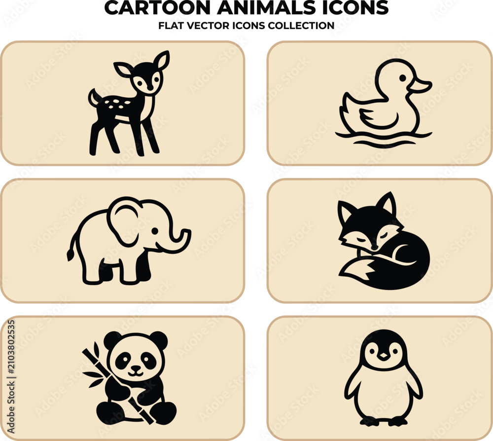 Fototapeta premium A assortment of cute cartoon animals illustrated as minimalist flat black vector icons for children layout projects or educational print materials.