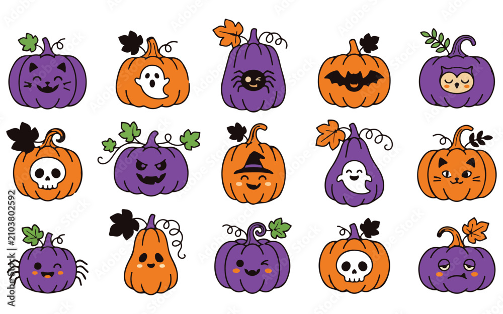 Fototapeta premium Kawaii halloween pumpkins adorable vector illustrations for spooky season designs