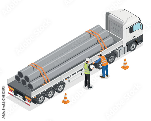 Workers loading metal pipes onto a flatbed truck isolated on transparent background, Vector