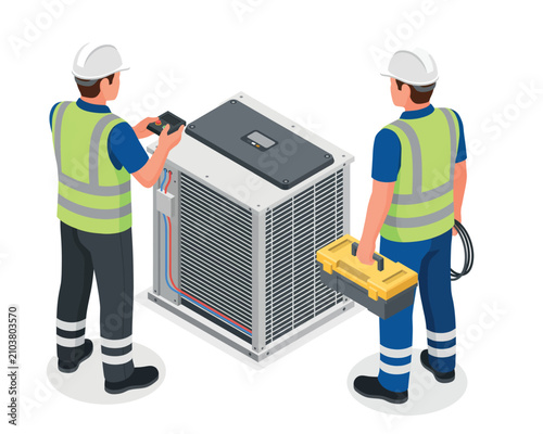 Two technicians repairing an industrial air conditioner unit isolated on transparent background, Vector
