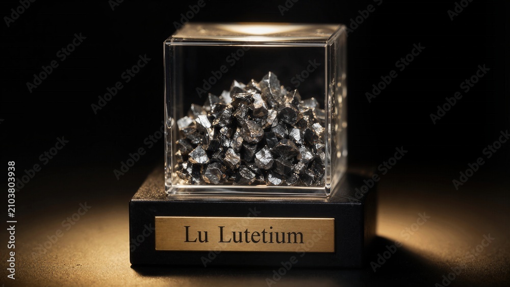 Fototapeta premium Lutetium is placed in a display case with a label indicating its name and characteristics in a dark setting