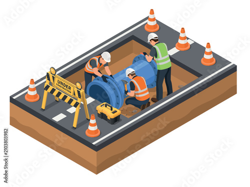 Construction workers fixing a pipe on a city street isolated on transparent background, Vector