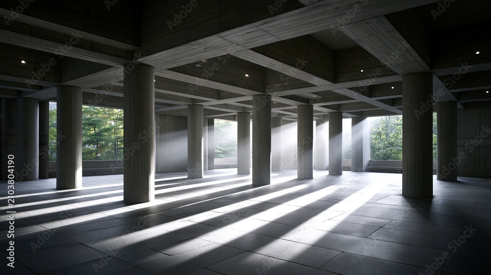 Obraz premium Modern Brutalist Architecture Interior with Dramatic Sunlight Beams and Shadow Patterns