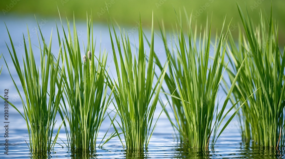Fototapeta premium Close-up of vibrant green rice seedlings growing in flooded paddy field under natural light