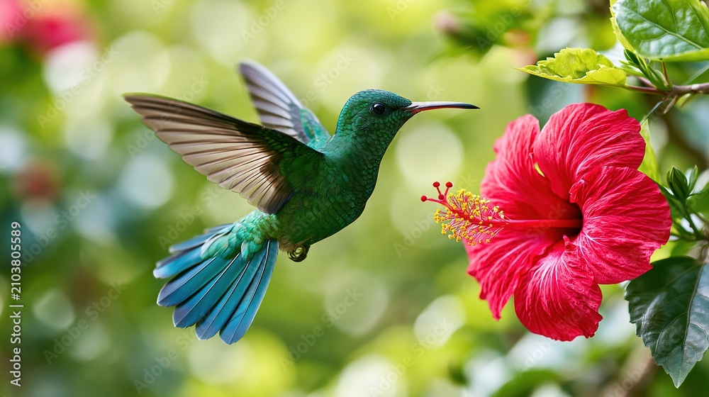 Fototapeta premium Vibrant Emerald Hummingbird Hovering Gracefully Beside a Lush Red Hibiscus Flower in Soft Bokeh Sunlight