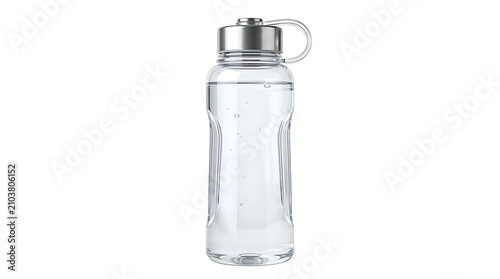 Clear plastic reusable water bottle with a silver metal lid and a transparent silicone loop handle filled with water on a white background