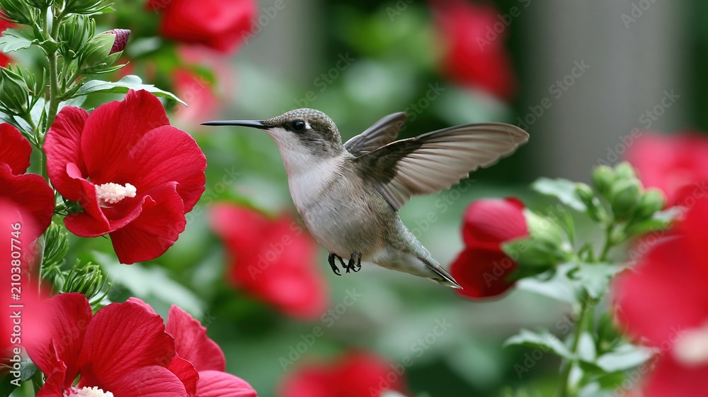 Fototapeta premium Tiny Ruby-Throated Hummingbird Hovering Amidst Vibrant Red Hibiscus Flowers in Lush Green Garden