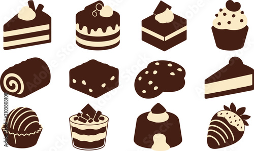 Chocolate Desserts Assortment Minimalist Flat Icons Vector Illustration Set
