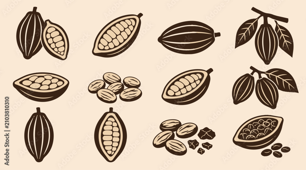 Fototapeta premium Cocoa Cacao Pods Beans Leaves Vector Illustration Set Pattern