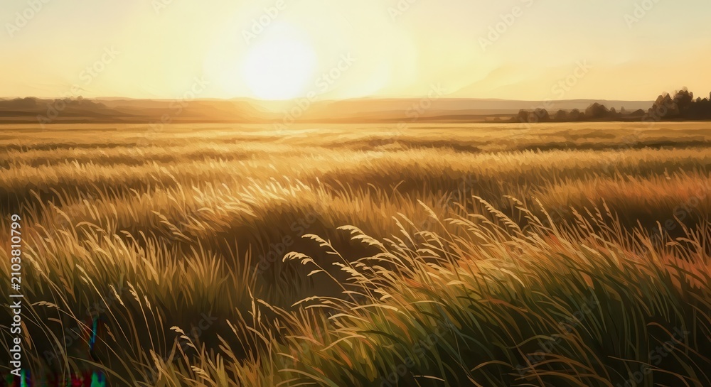 Obraz premium Golden Hour Sunset Over a Waving Wheat Field