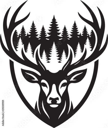 Фотография Black deer head logo with forest silhouette for outdoor branding