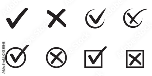 Check mark and cross icon set, circle and square. Tick and cross symbol .Set button correct right wrong buttons or yes or no checkmark. Symbols of approval and Decline. 