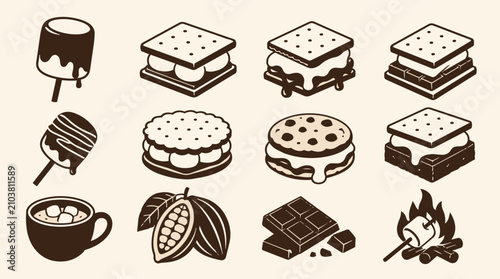 Delicious S'mores, Marshmallow, and Chocolate Isometric Vector Icons Set