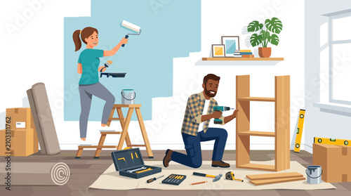 Diverse couple doing home renovation and furniture assembly