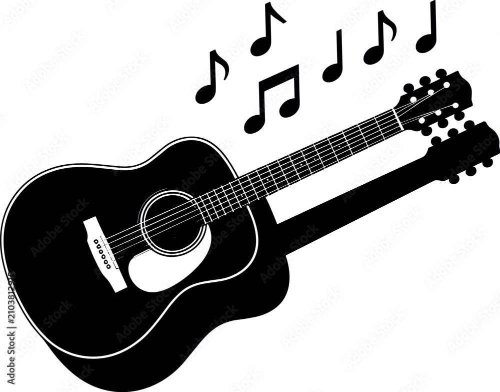 Fototapeta premium Classic Acoustic Guitar Silhouette Vector Illustration Featuring Floating Music Notes for Live Concert Festival Branding Concept