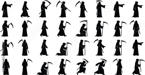 Εκτύπωση καμβά Grim Reaper Silhouette Vector Action Pose Set with Death Figures Holding Scythes