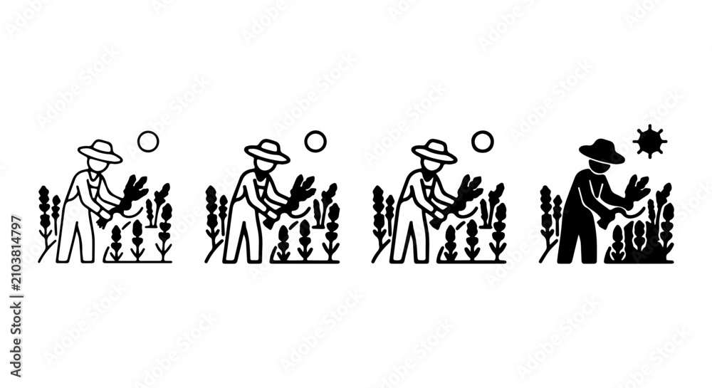 Fototapeta premium Farmer Harvesting Lavender Icons, Agricultural Worker Silhouette, Organic Farming Symbols, Rural Life Vector Set