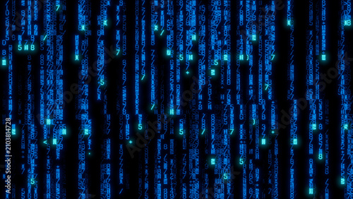 Intricate pixelated digital artwork with a dense network of interconnected blue and green lines and shapes on a black background, ideal for technology themes and data visualization