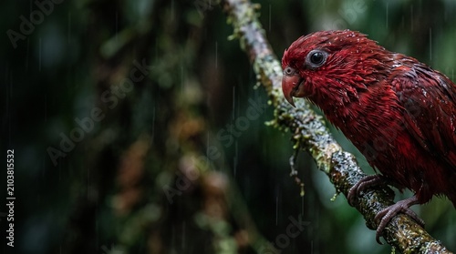 Crimson bird perched on wet branch during rainforest rain