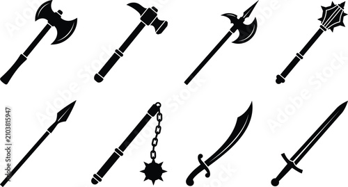 Quadro su tela Medieval Weapon Silhouette Collection with Swords Axes Spears Maces and Polearm