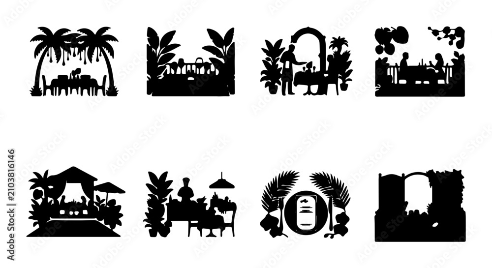 Fototapeta premium Elegant Silhouette Scenes: Tropical Dining, Garden Parties, Romantic Dinners, Outdoor Events