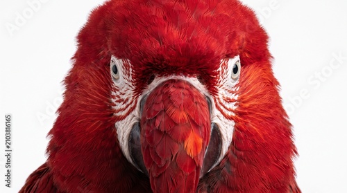 Extreme close up face of scarlet macaw looking at camera