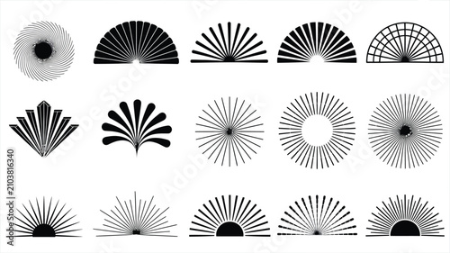 Art deco sunburst and fan shape vector set with black geometric sunbeams, vintage radial bursts, and half circle ornaments.