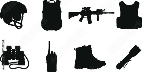 Foto Military Equipment Silhouette Set with Tactical Gear and Soldier Accessories Ico