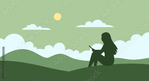 Silhouette of woman reading book in nature at sunset.
