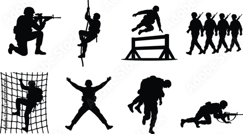 Military Training Soldier Silhouette Collection with Tactical Combat and Obstacle Course Poses