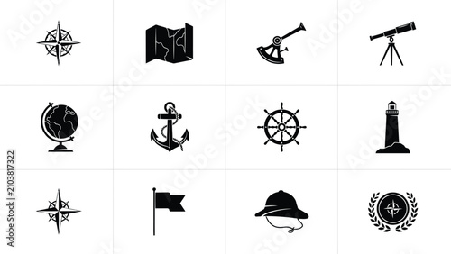 Foto Twelve classic black navigation and exploration vector icons set with adventure