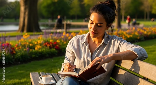 A woman sits on a park bench, reading a book