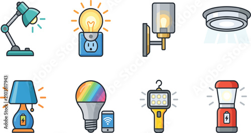 Tableau sur toile Modern Lighting Icon Collection with Smart Bulbs Lamps Portable Lights and LED F