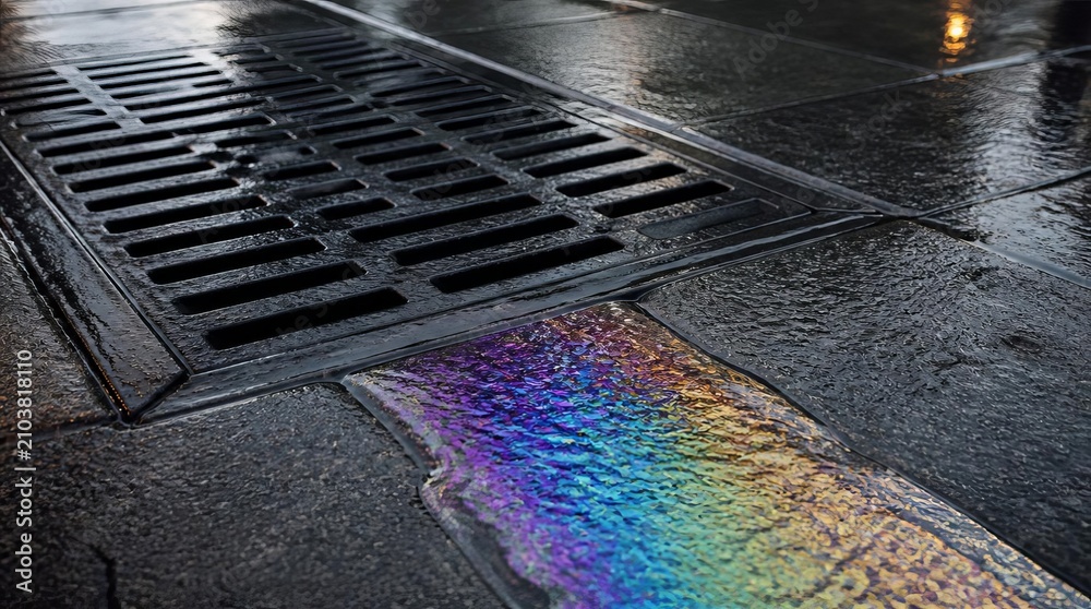 Obraz premium Urban street drain with colorful oil slick on wet asphalt after rain