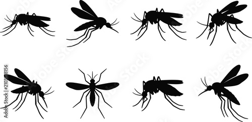 Mosquito Silhouette Vector Set with Flying and Resting Insect Collection
