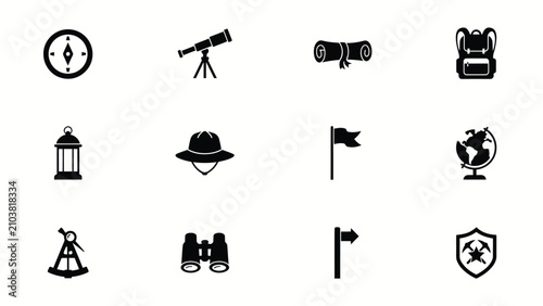 Black and white adventure exploration icon set with minimalist collection twelve black silhouette icons representing essential exploration navigation equipment arranged grid layout