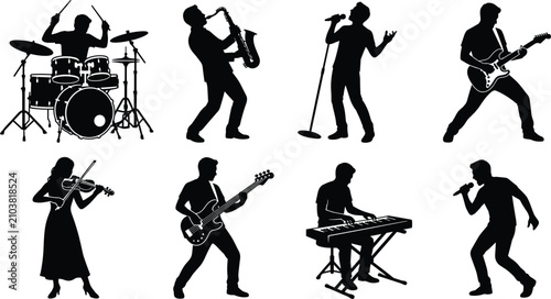 Musician Silhouette Collection with Singers Guitarists Drummers and Instrument Performers