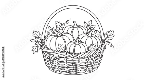 Foto Autumn pumpkins in wicker basket line art, harvest vegetable coloring page vecto