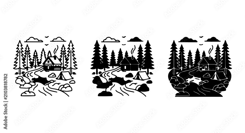 Obraz premium Rustic Cabin Camping Scene, Forest River Landscape, Outdoor Adventure Vector Set