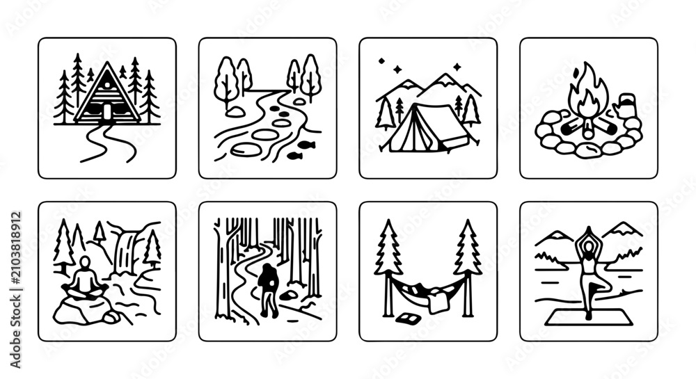 Fototapeta premium Minimalist Outdoor Adventure Icons, Camping & Nature Vector Set, Serene Landscape Graphics